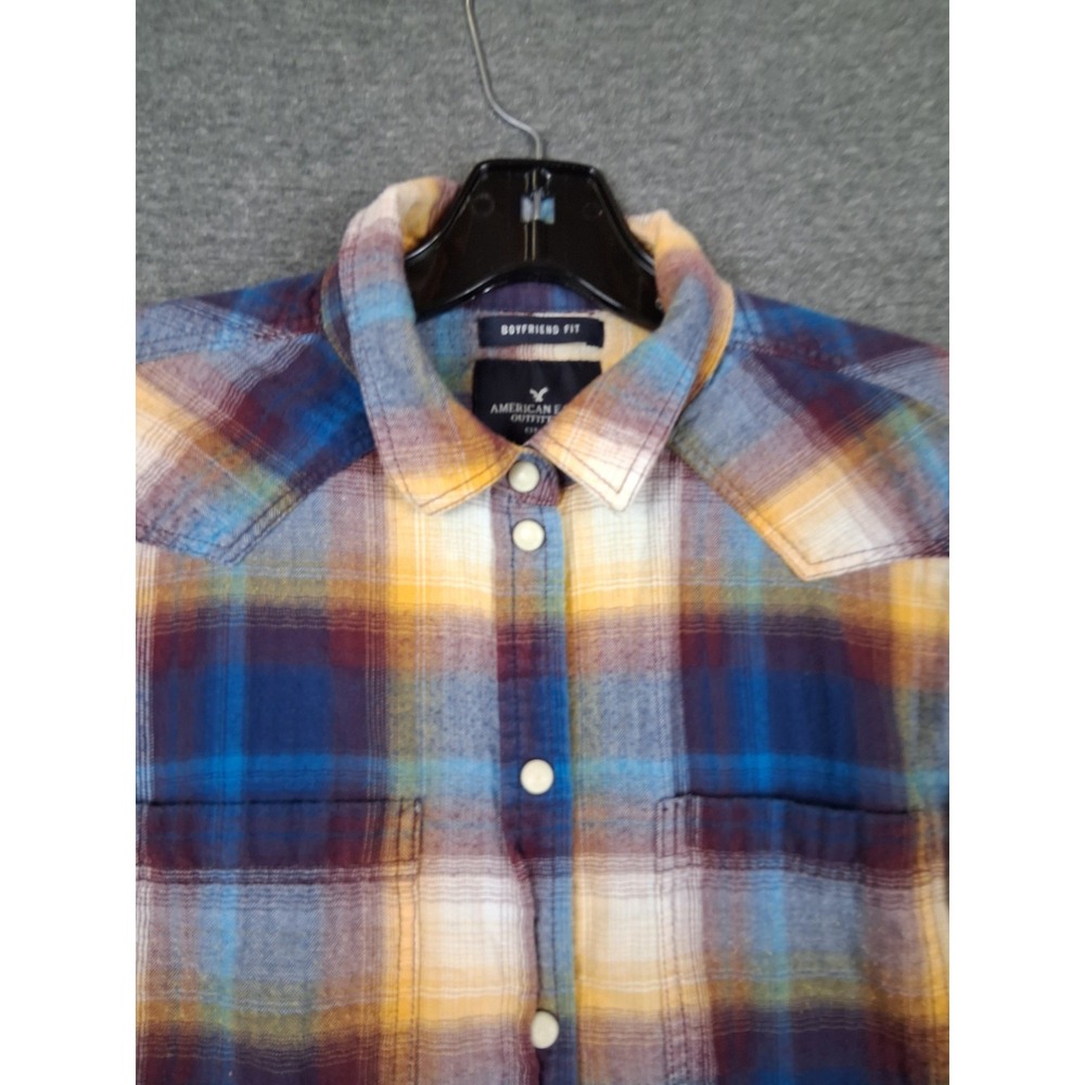 American Eagle Womens Small Blue Plaid Flannel Pearl Snap Boyfriend Tomboy Rodeo